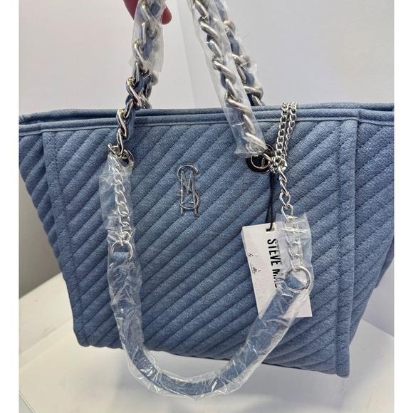 Steve Madden Bkattt-H Quilted Large Chain Tote Bag With Pouch Denim Blue - Picture 14 of 16